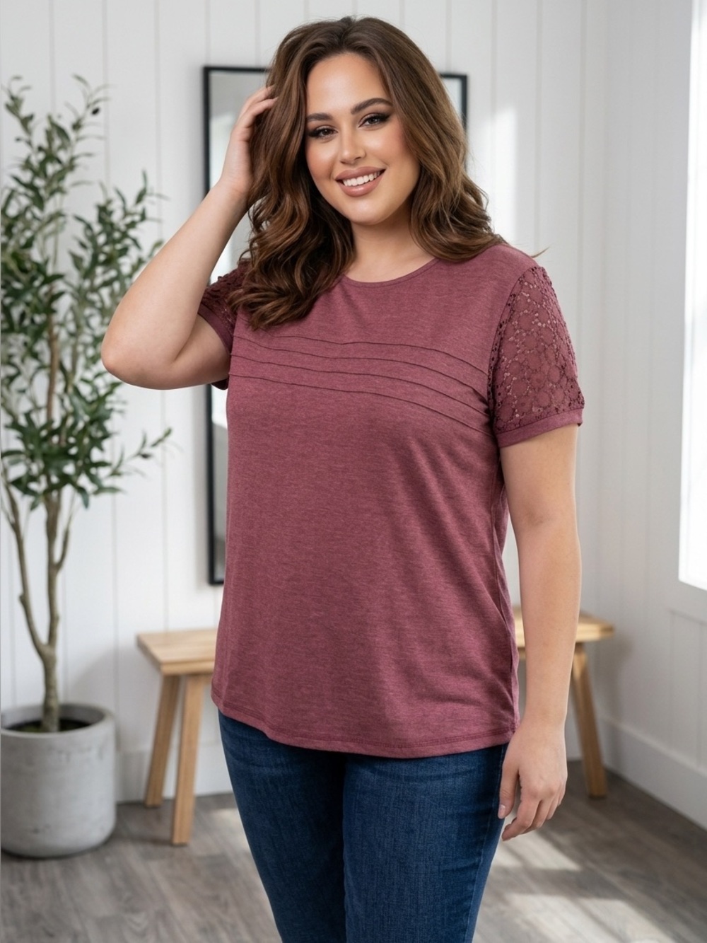Women's Short Sleeve Knit Top with Lace Sleeves - Burgundy - Picture 2 of 6